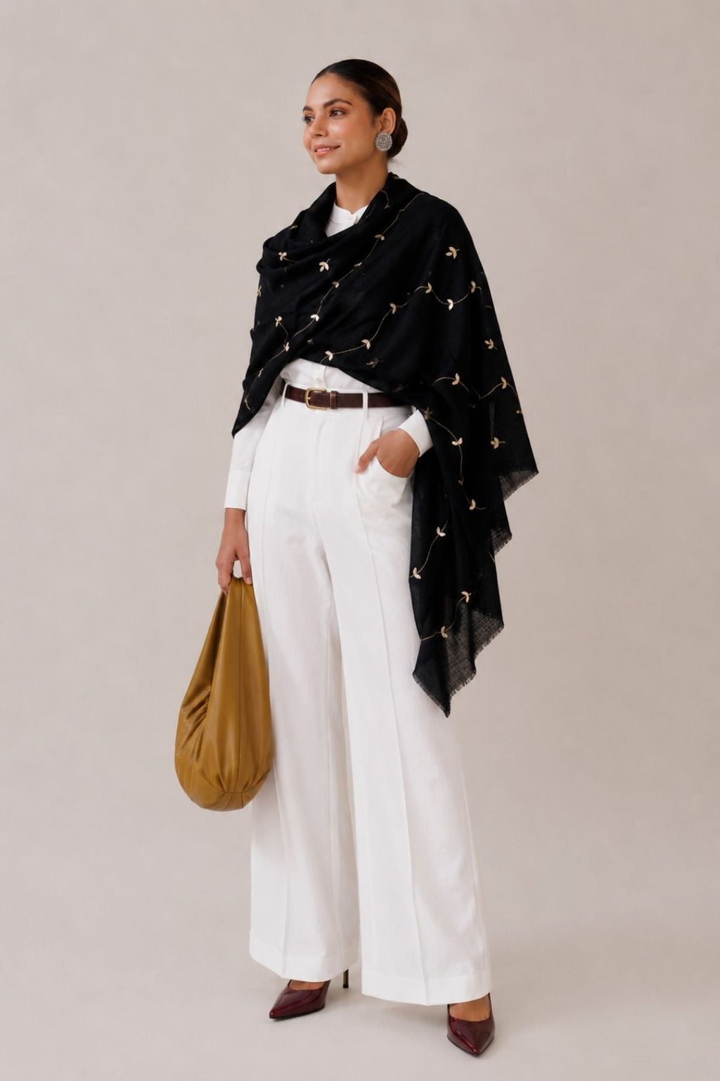Black Handcrafted Gota Patti Embroidered Woolen Shawl