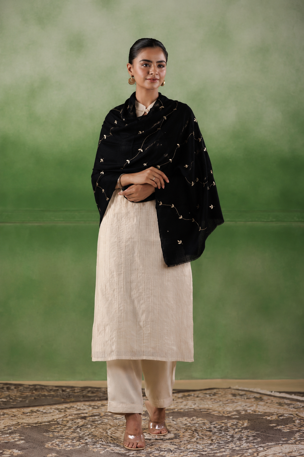 Black Handcrafted Gota Patti Embroidered Woolen Shawl