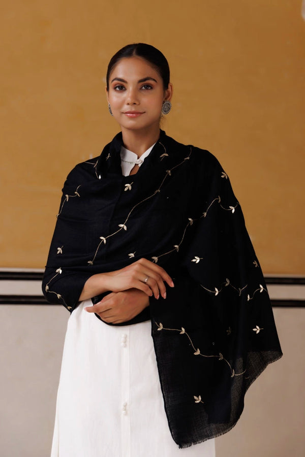 Black hand embroidered gota patti woolen shawl