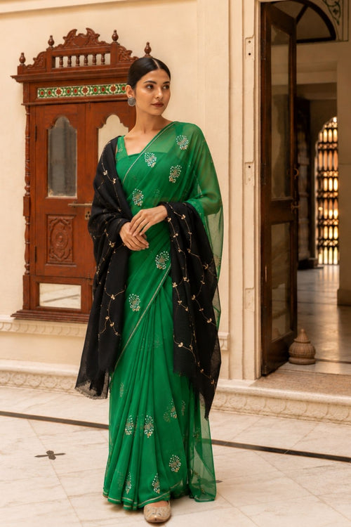 Black Handcrafted Gota Patti Embroidered Woolen Shawl