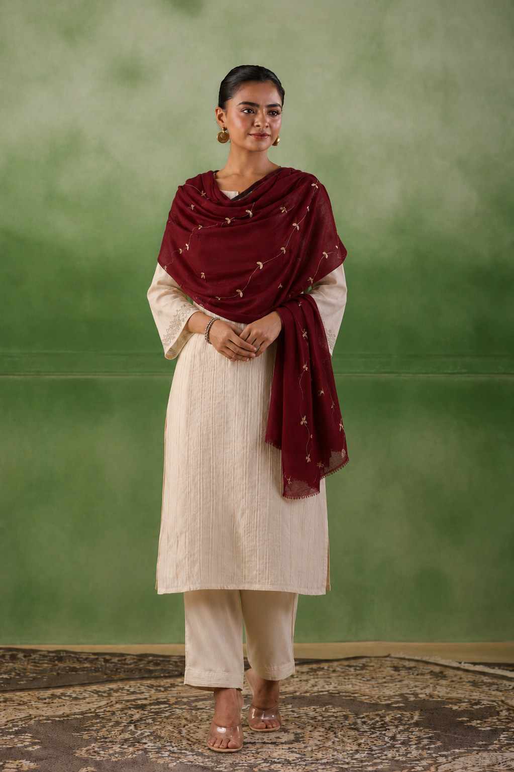 Maroon Handcrafted Gota Patti Embroidered Woolen Shawl