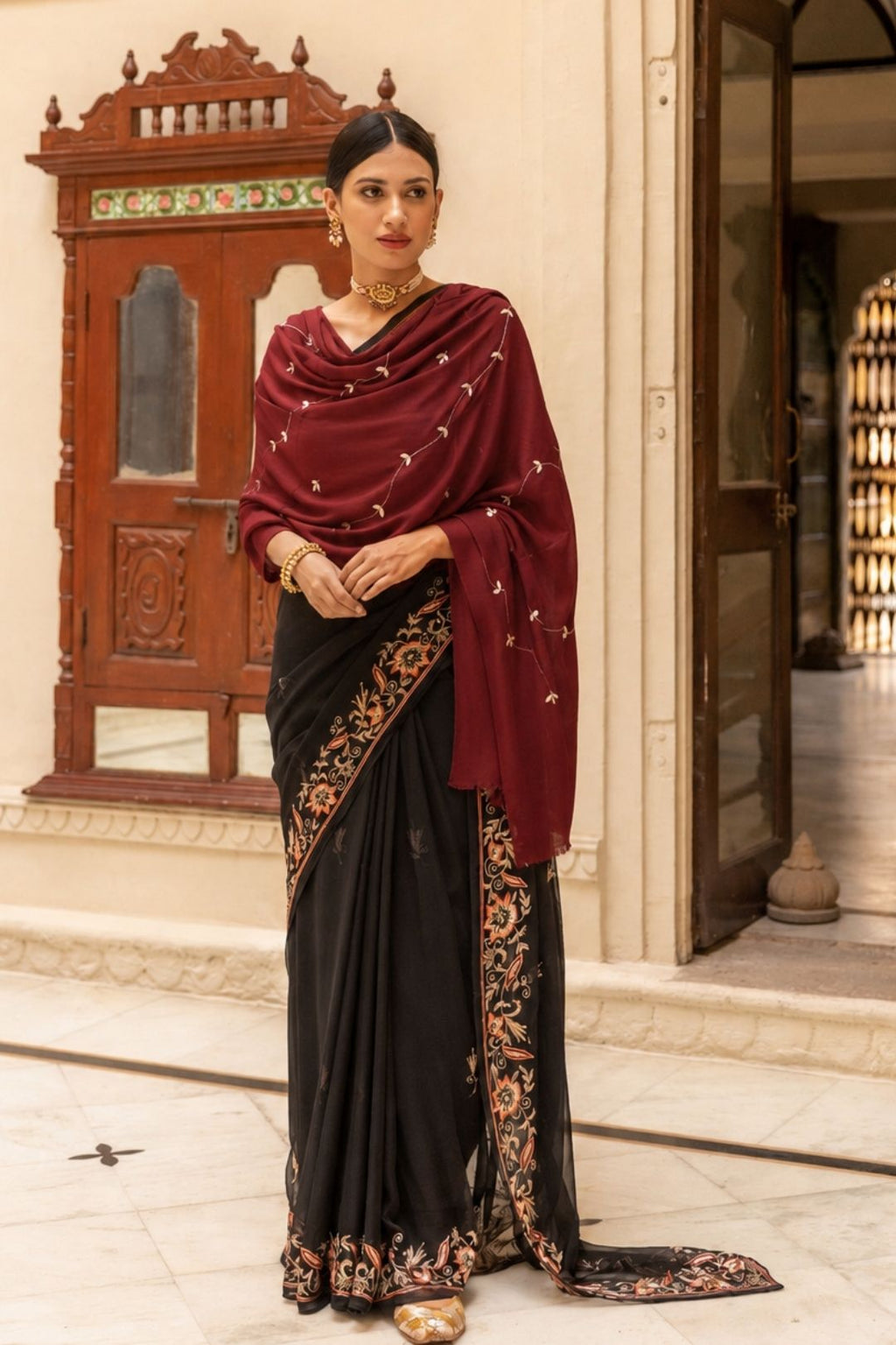 Maroon Handcrafted Gota Patti Embroidered Woolen Shawl