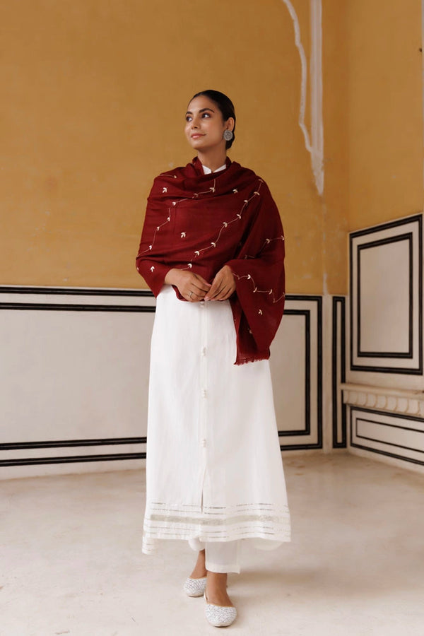 Maroon hand embroidered gota patti woolen shawl