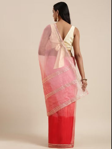 Peach Hand Dyed Lace Work Organza Saree