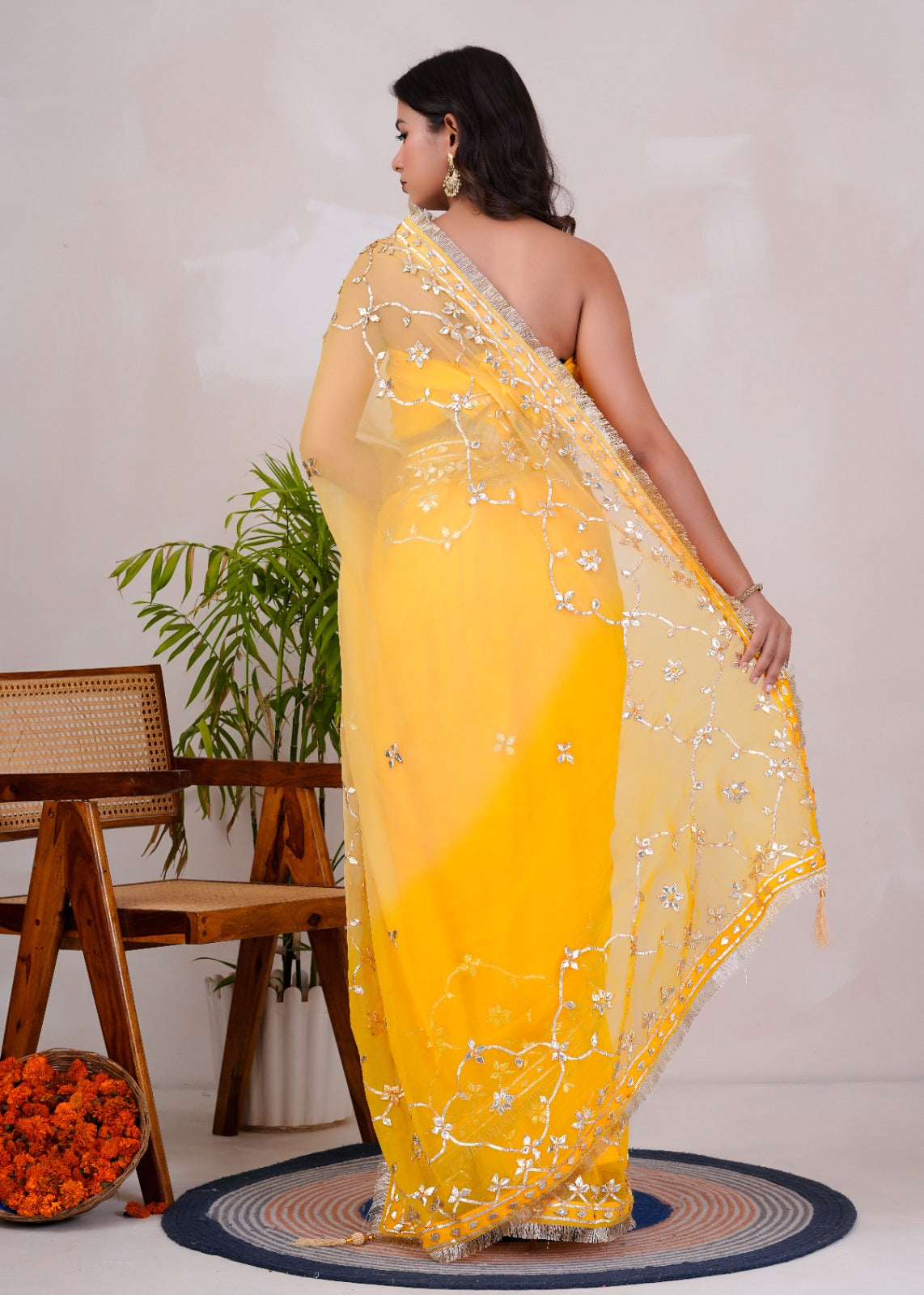 Yellow & Beige Shaded Chiffon Saree with Gota Patti Jaal Work
