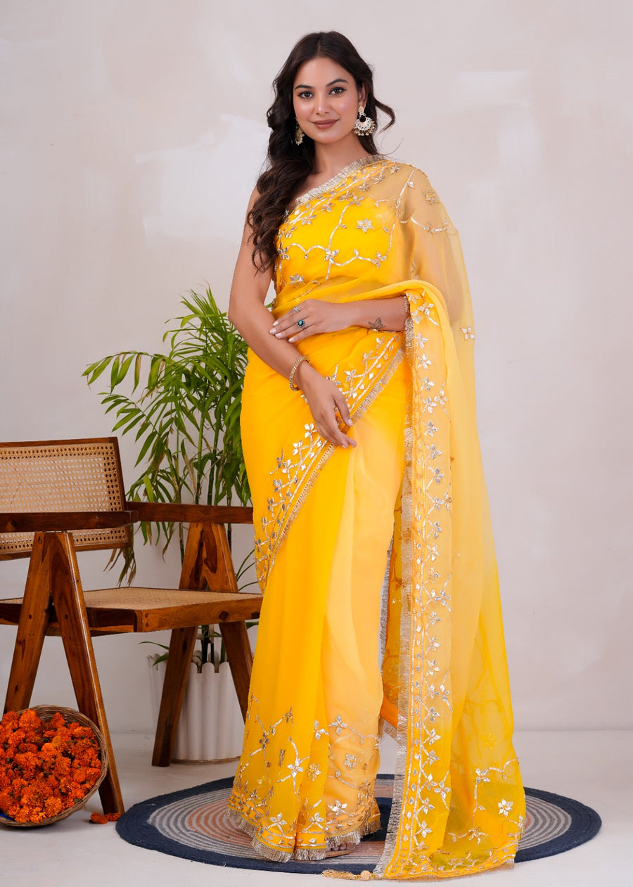 Yellow & Beige Shaded Chiffon Saree with Gota Patti Jaal Work
