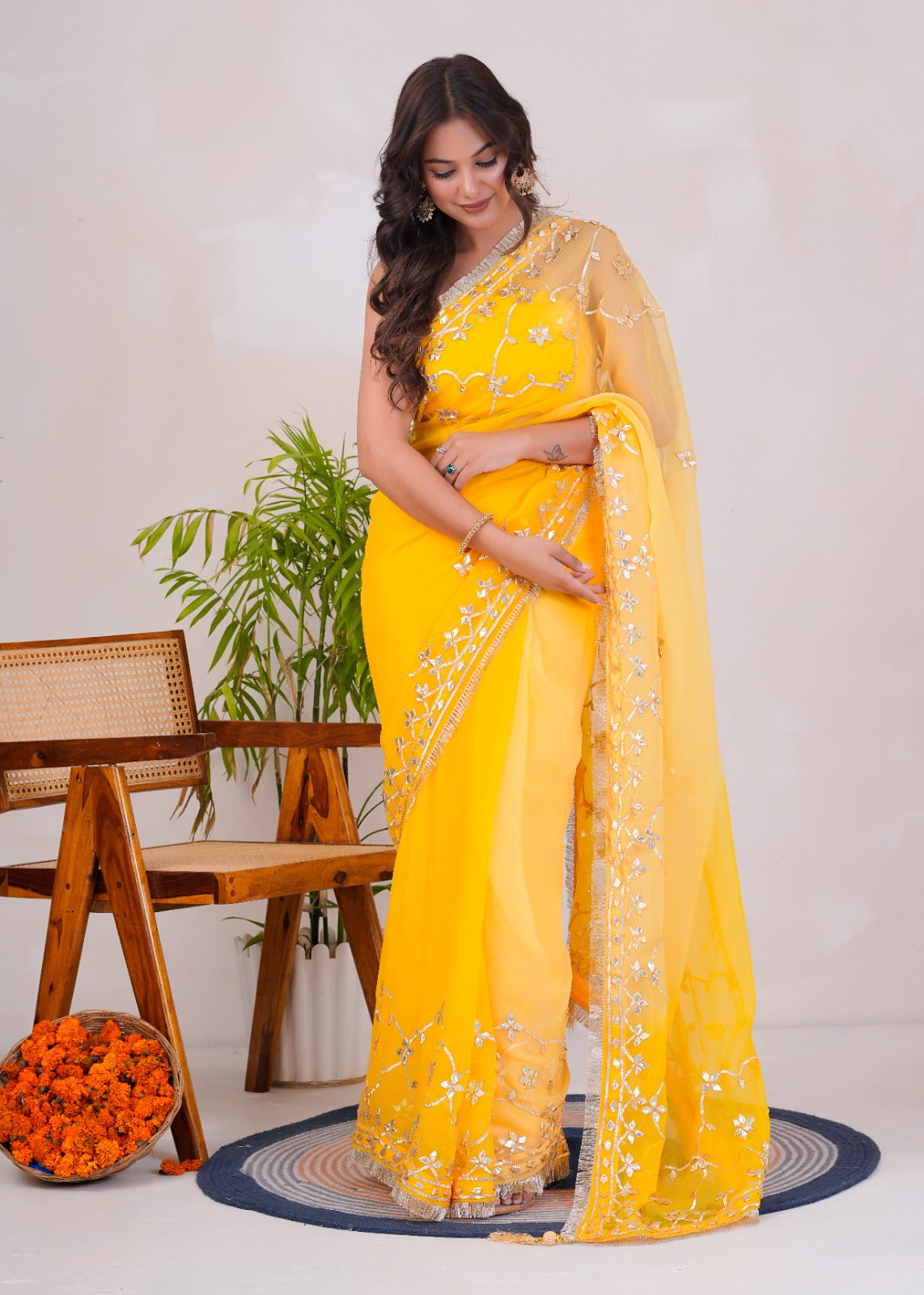 Yellow & Beige Shaded Chiffon Saree with Gota Patti Jaal Work