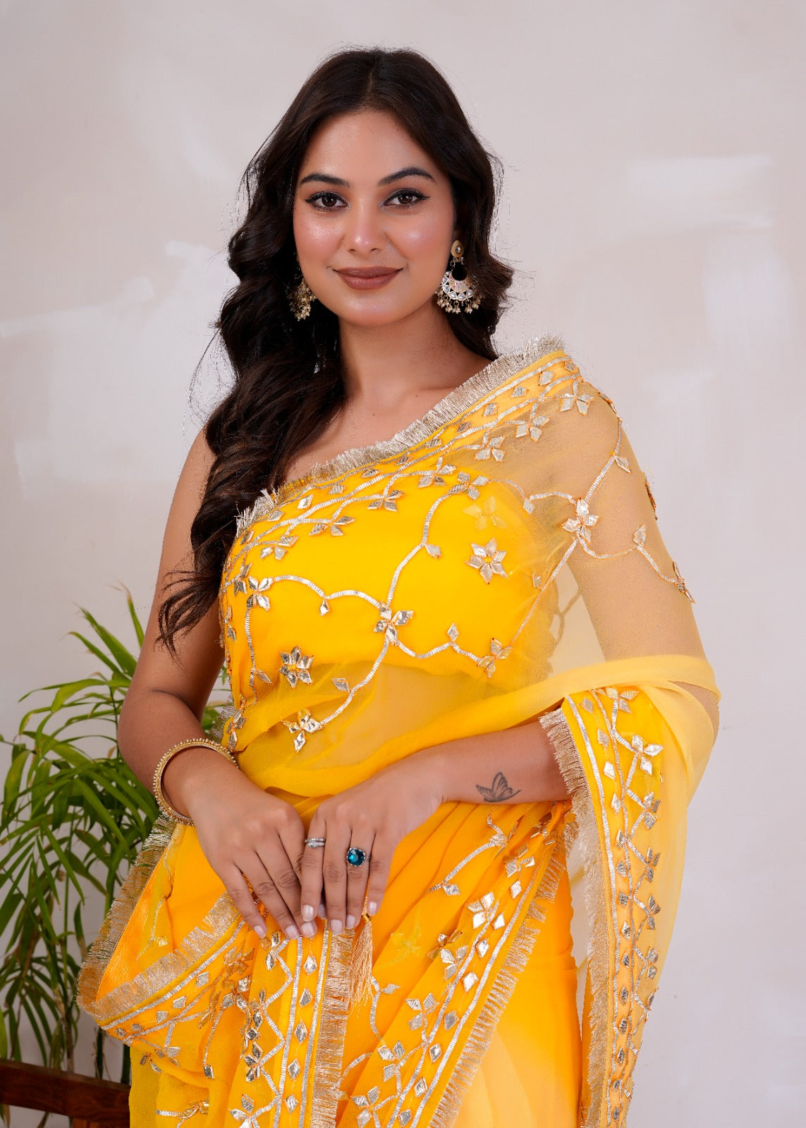 Yellow & Beige Shaded Chiffon Saree with Gota Patti Jaal Work