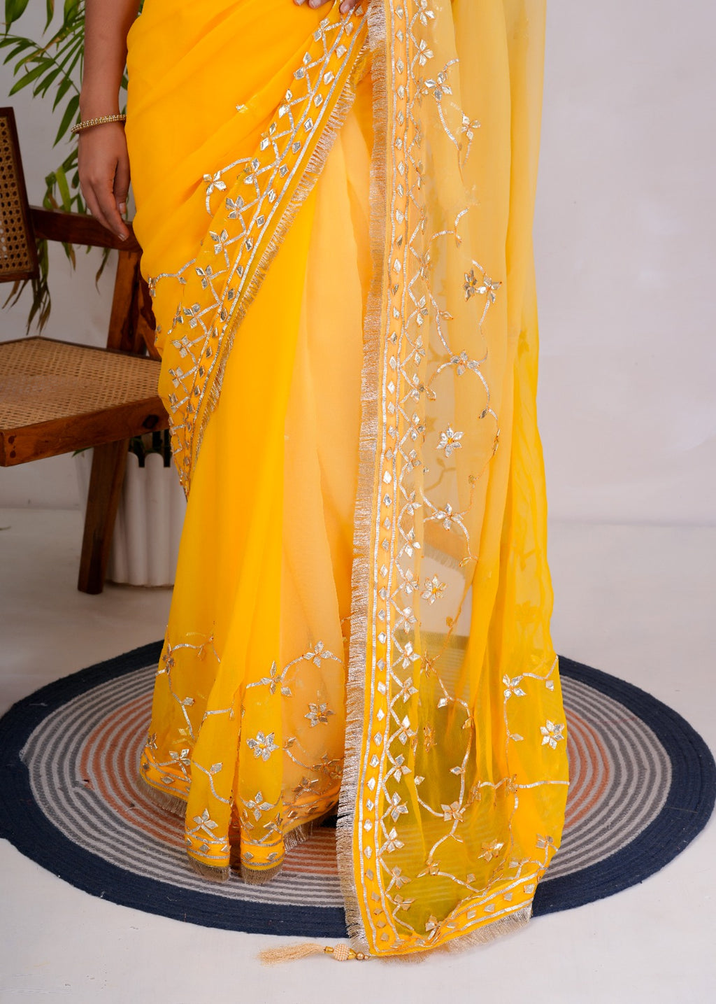 Yellow & Beige Shaded Chiffon Saree with Gota Patti Jaal Work