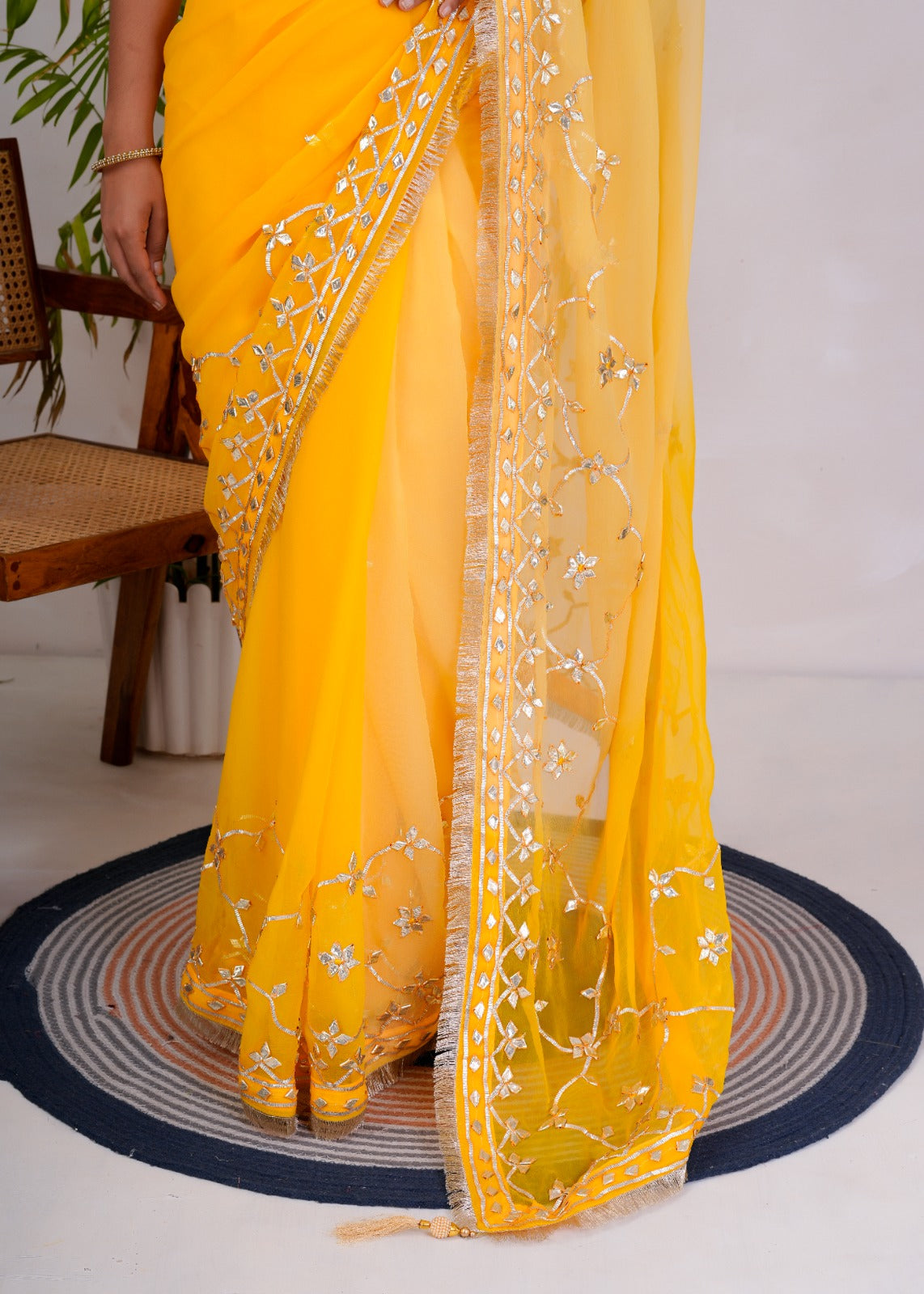 Yellow & Beige Shaded Chiffon Saree with Gota Patti Jaal Work