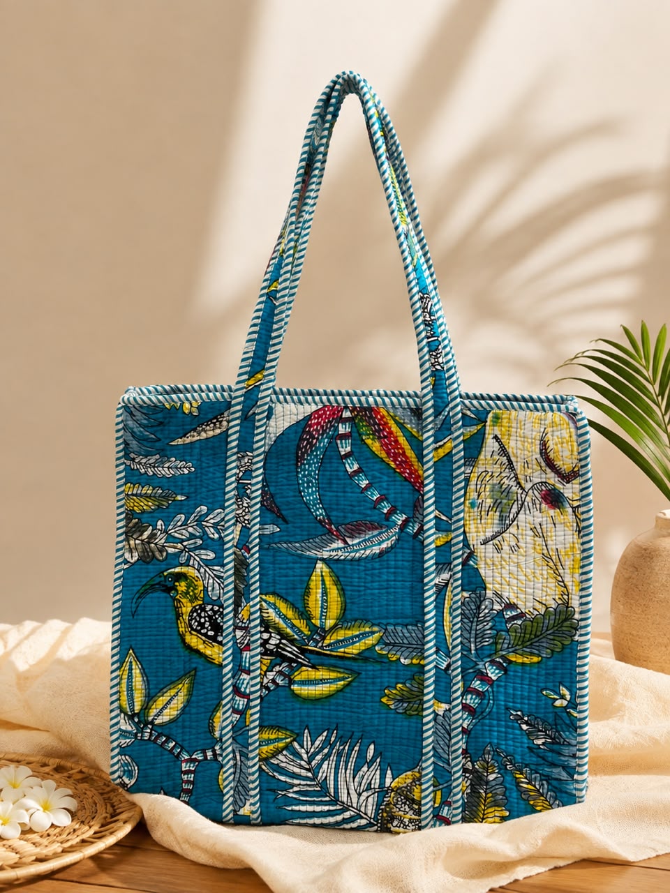 Turquoise Blue Bagru Block Print Quilted Tote Bag