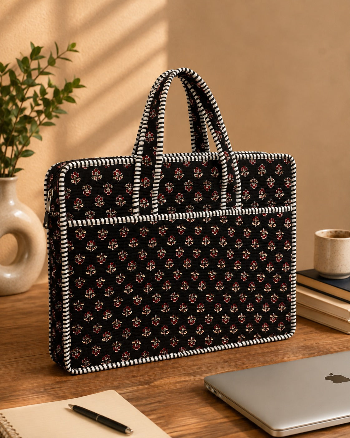 Black Hand Block Print Quilted Laptop Bag