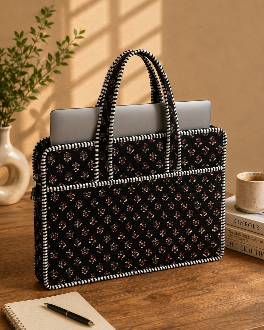 Black Hand Block Print Quilted Laptop Bag