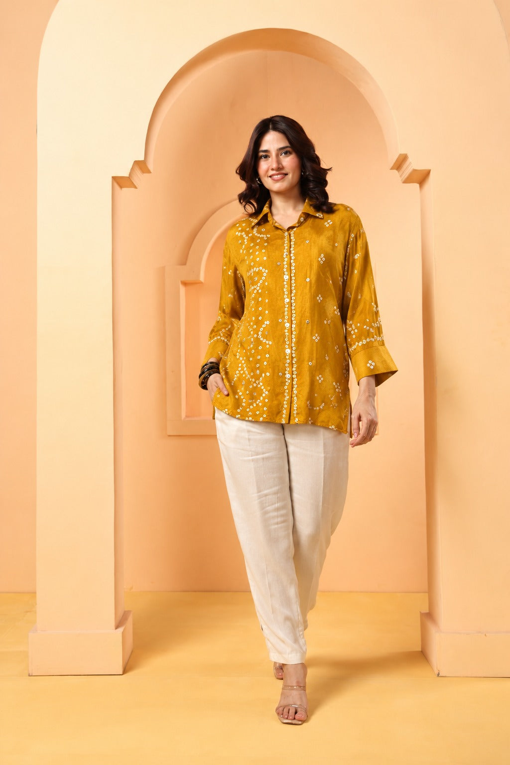 Mustard Bandhani Modal Silk Kurti