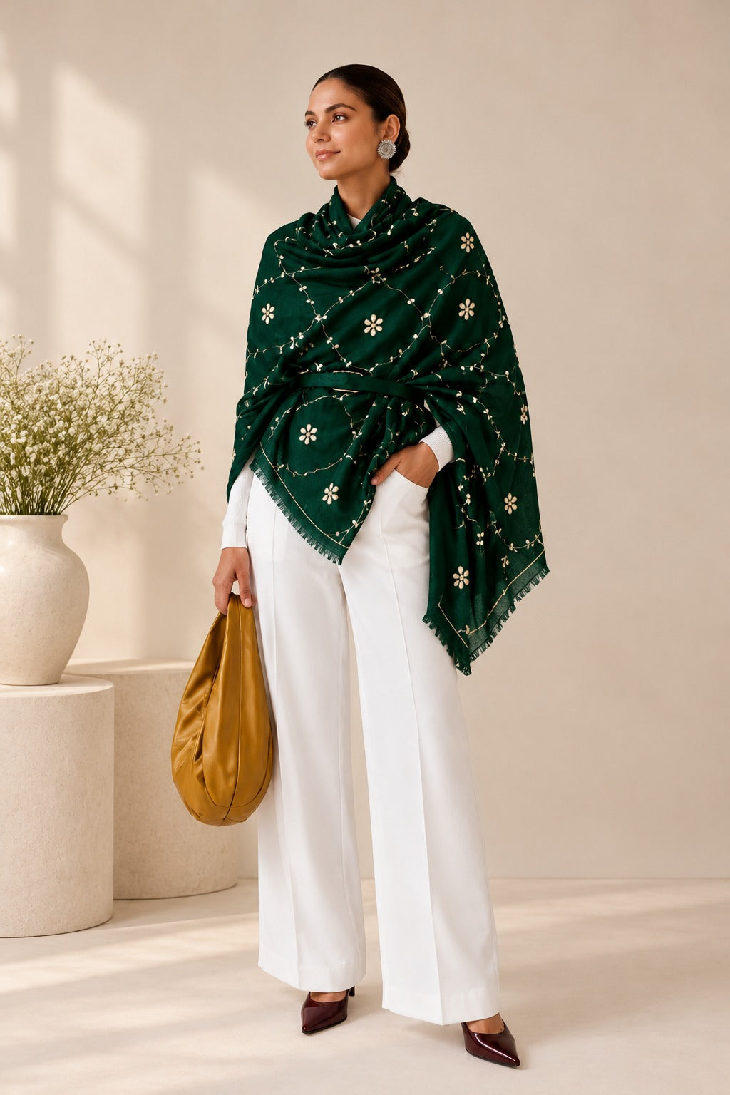 Dark Green Handcrafted Gota Patti Embroidered Woolen Shawl