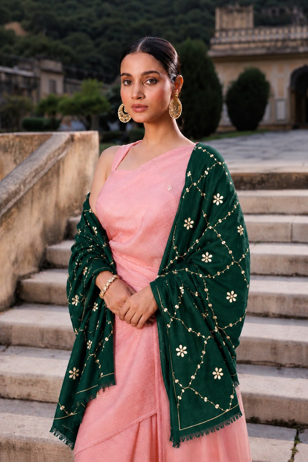 Dark Green Handcrafted Gota Patti Embroidered Woolen Shawl