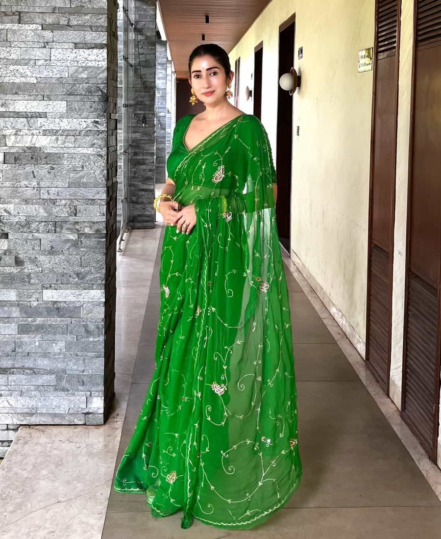 Gungun Uprari in Dark Green Hand Embroidered Chiffon Saree