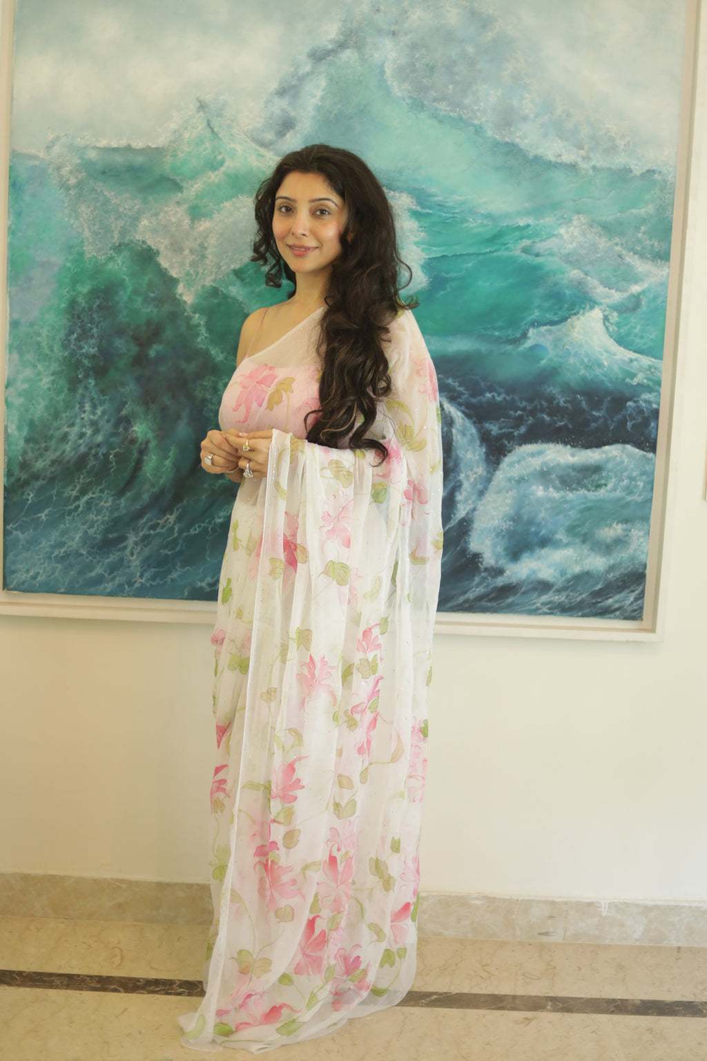 Jai Madaan in White Hand-Painted Chiffon Saree with Mukaish Work