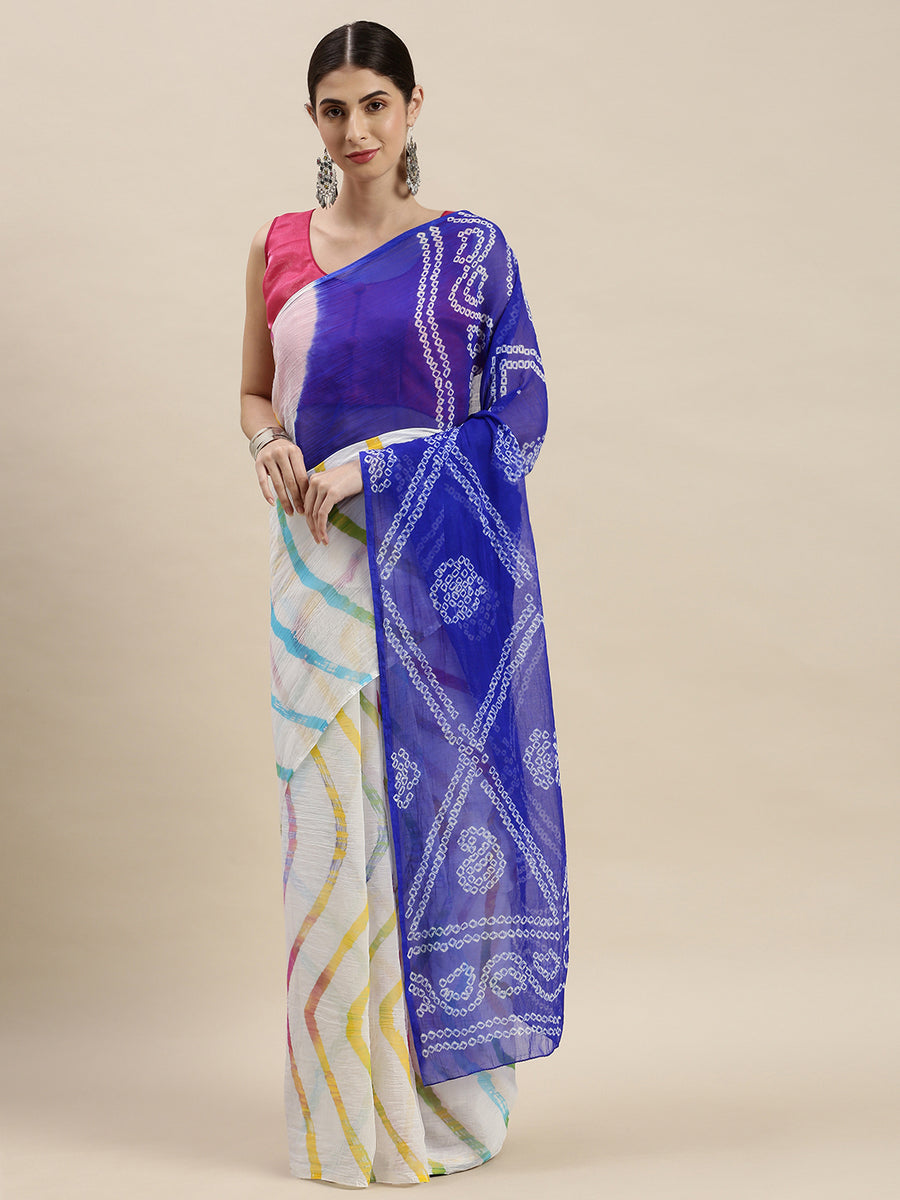 Multi Color Bandhani With Leheriya Chiffon Saree