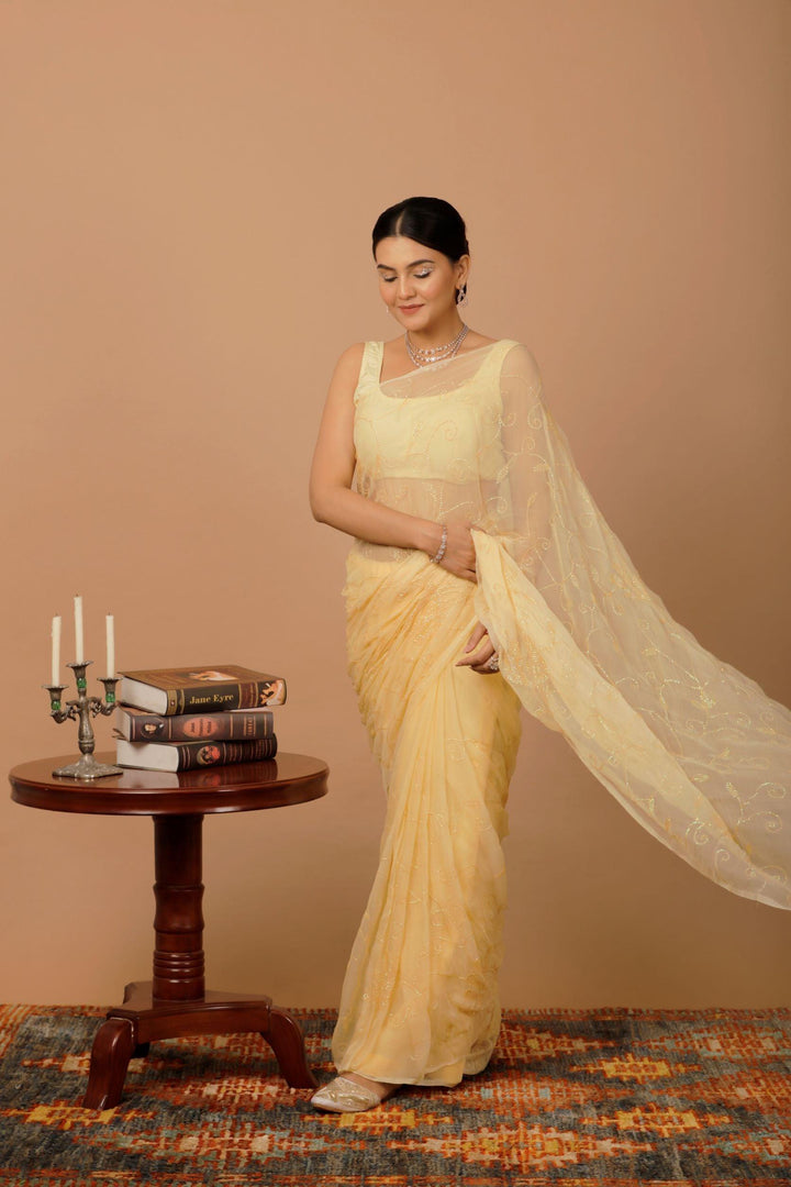 Beige Chiffon Hand Embroidered Sequins Jaal Saree - Geroo Jaipur