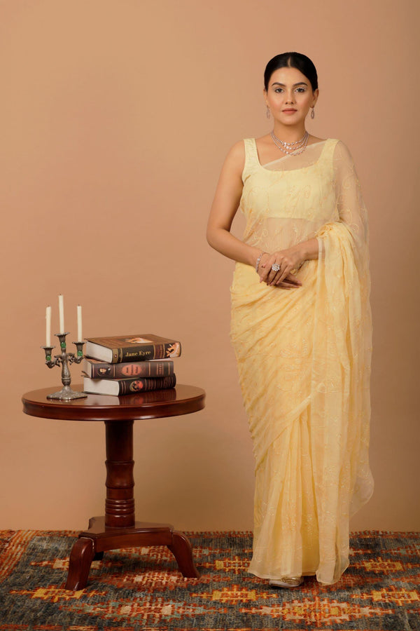 Beige Chiffon Hand Embroidered Sequins Jaal Saree - Geroo Jaipur