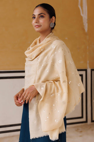 Beige hand embroidered gota patti woolen shawl - Geroo Jaipur