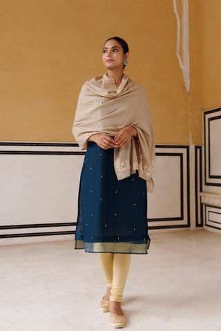 Beige hand embroidered gota patti-zardosi woolen shawl - Geroo Jaipur