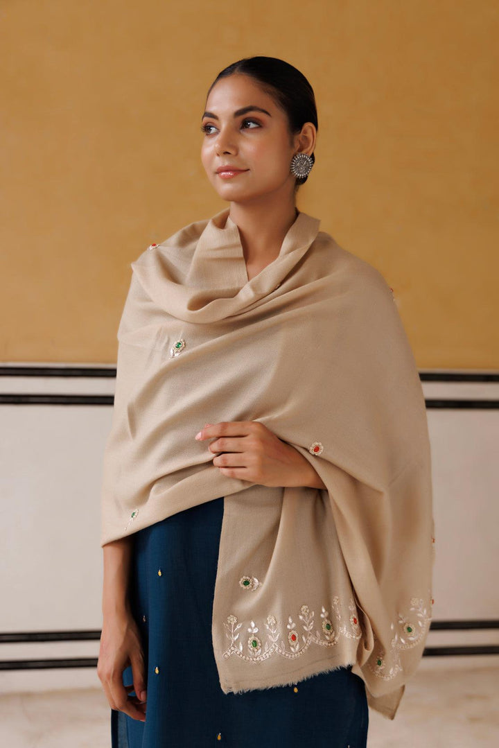 Beige hand embroidered gota patti-zardosi woolen shawl - Geroo Jaipur