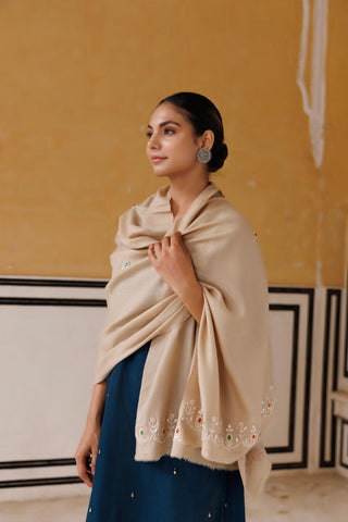 Beige hand embroidered gota patti-zardosi woolen shawl - Geroo Jaipur