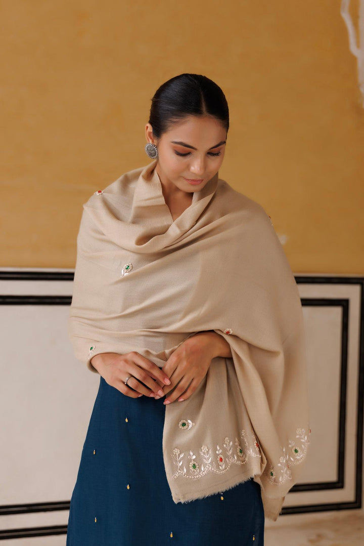 Beige hand embroidered gota patti-zardosi woolen shawl - Geroo Jaipur