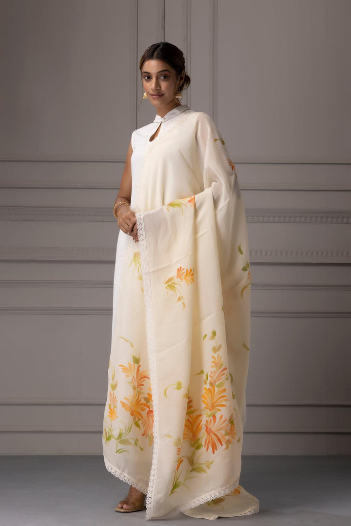 Beige Hand Painted Organza Dupatta With Crochet Lace - Geroo Jaipur