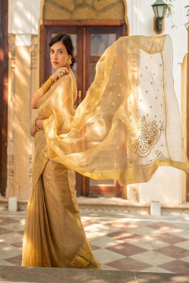 Beige Handcrafted Pure Kota Silk Saree - Geroo Jaipur