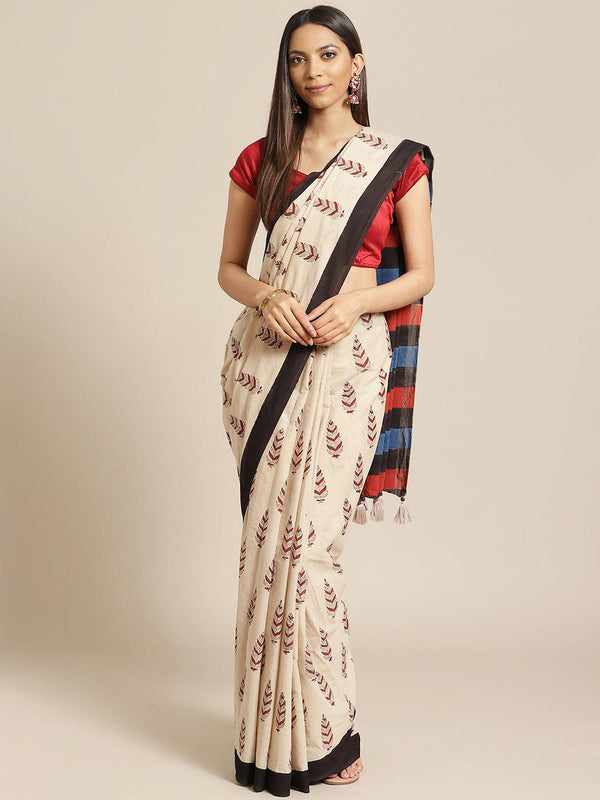 Beige Pure Cotton Hand Block Printed Saree - Geroo Jaipur