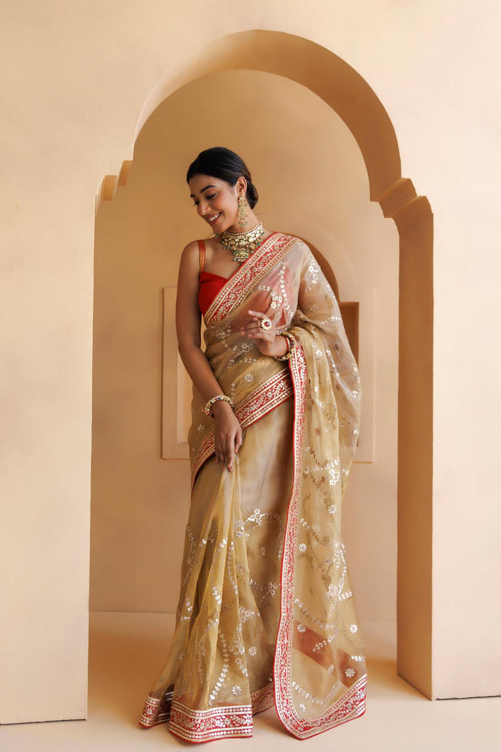 Beige Pure Kota Tissue Handcrafted Gota Patti Saree - Geroo Jaipur