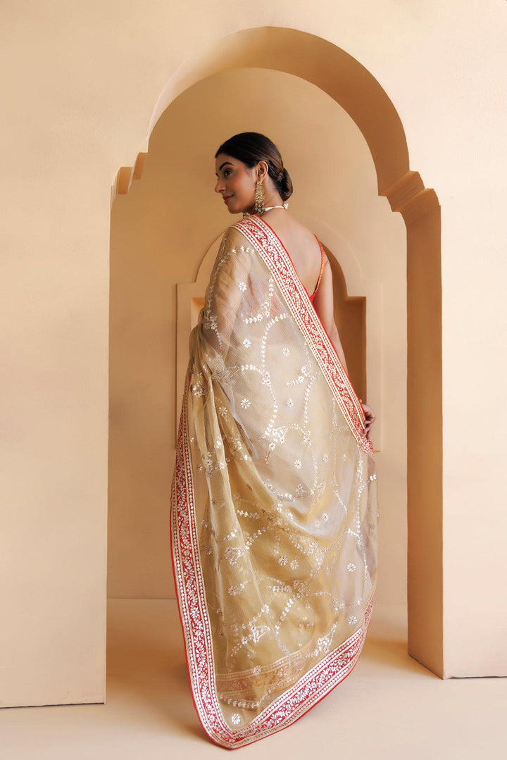 Beige Pure Kota Tissue Handcrafted Gota Patti Saree - Geroo Jaipur