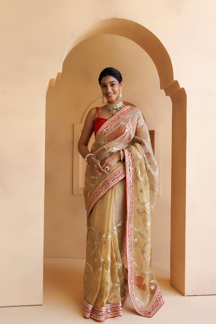 Beige Pure Kota Tissue Handcrafted Gota Patti Saree - Geroo Jaipur