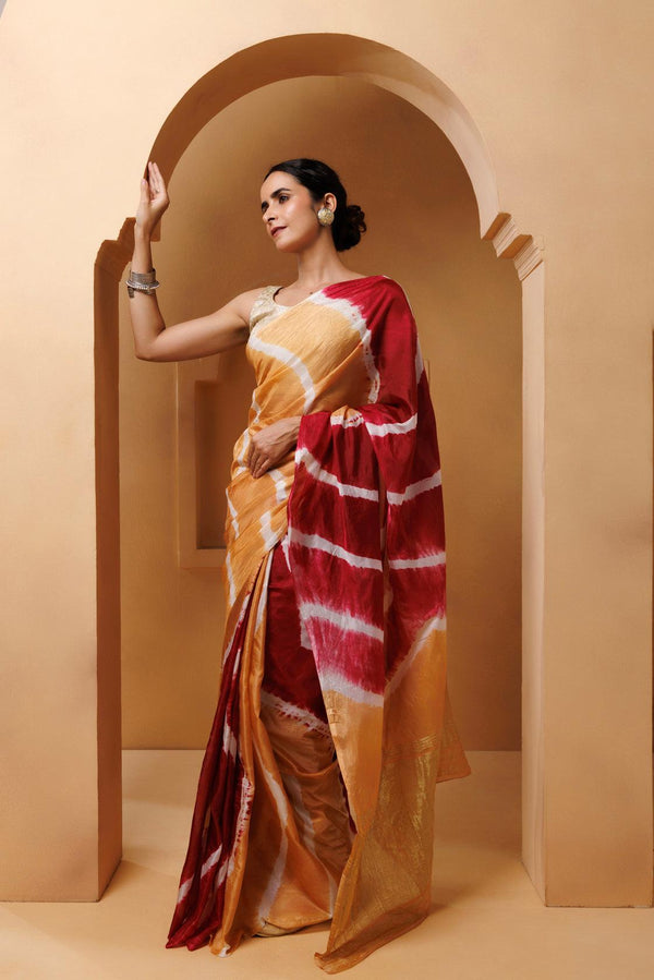 Beige-Red Tabby Silk Hand Dyed Leheriya Saree - Geroo Jaipur