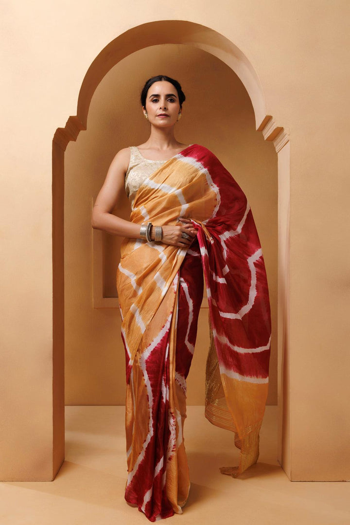 Beige-Red Tabby Silk Hand Dyed Leheriya Saree - Geroo Jaipur