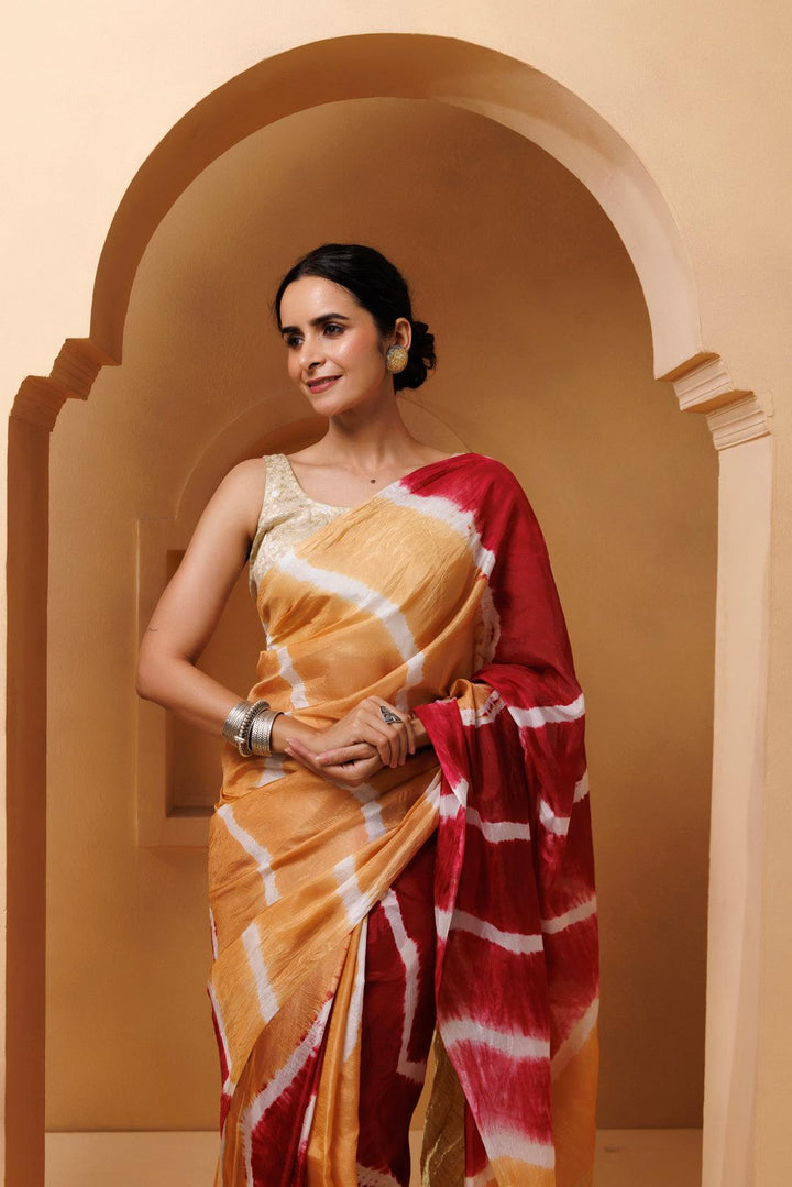 Beige-Red Tabby Silk Hand Dyed Leheriya Saree - Geroo Jaipur