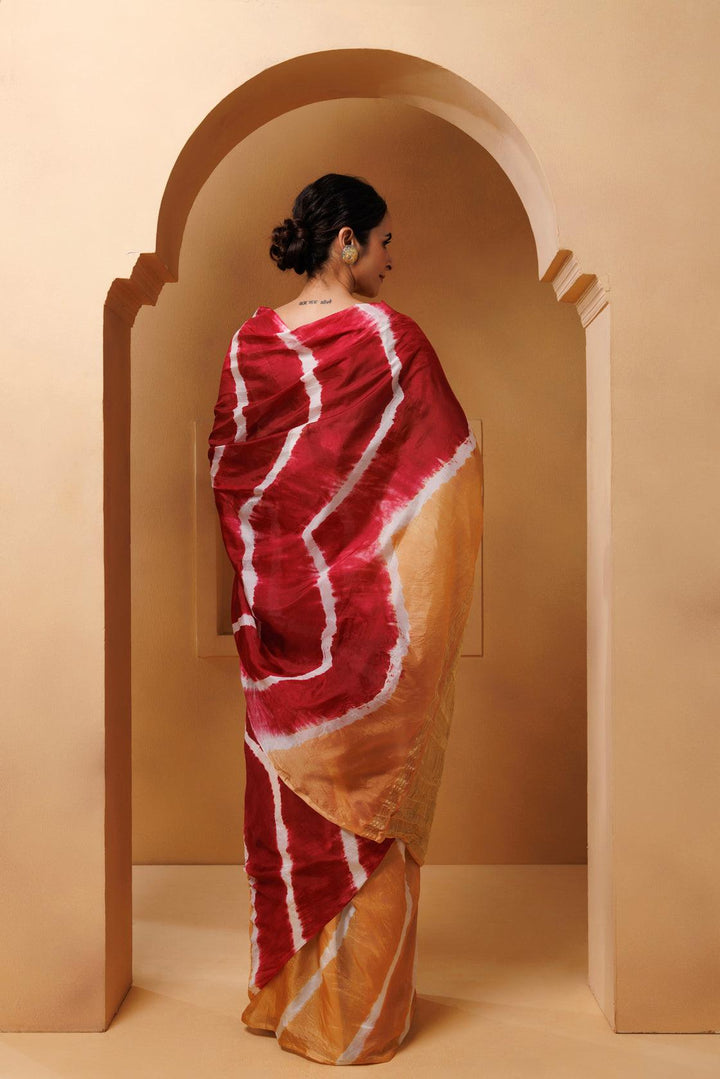 Beige-Red Tabby Silk Hand Dyed Leheriya Saree - Geroo Jaipur