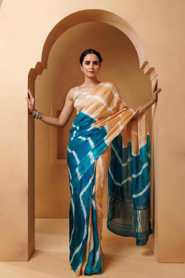 Beige-Turquoise Tabby Silk Hand Dyed Leheriya Saree - Geroo Jaipur