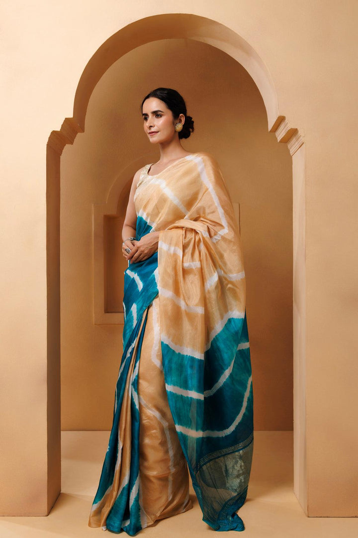 Beige-Turquoise Tabby Silk Hand Dyed Leheriya Saree - Geroo Jaipur