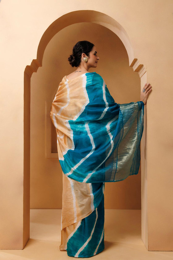 Beige-Turquoise Tabby Silk Hand Dyed Leheriya Saree - Geroo Jaipur