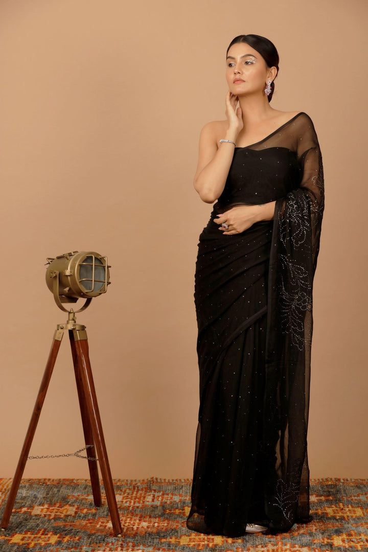 Black Chiffon Hand Embroidered Mukaish Saree - Geroo Jaipur