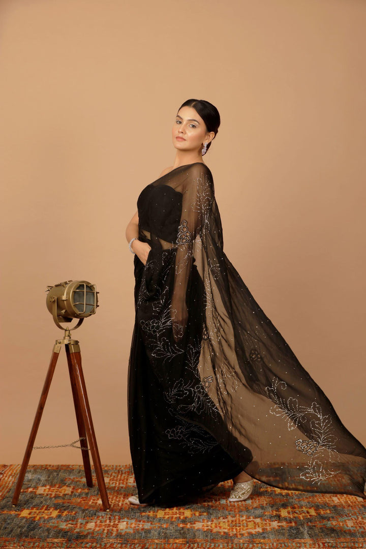 Black Chiffon Hand Embroidered Mukaish Saree - Geroo Jaipur