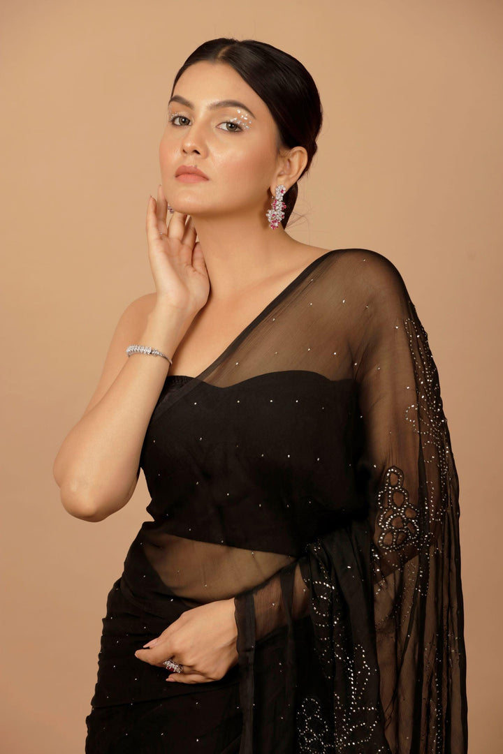 Black Chiffon Hand Embroidered Mukaish Saree - Geroo Jaipur