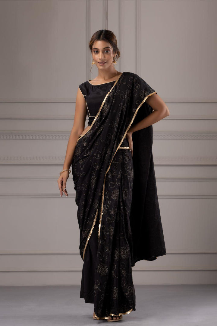 Black Gold Print Pre draped saree with Stitch blouse - Geroo Jaipur