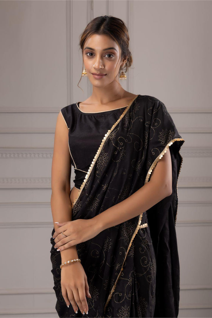 Black Gold Print Pre draped saree with Stitch blouse - Geroo Jaipur