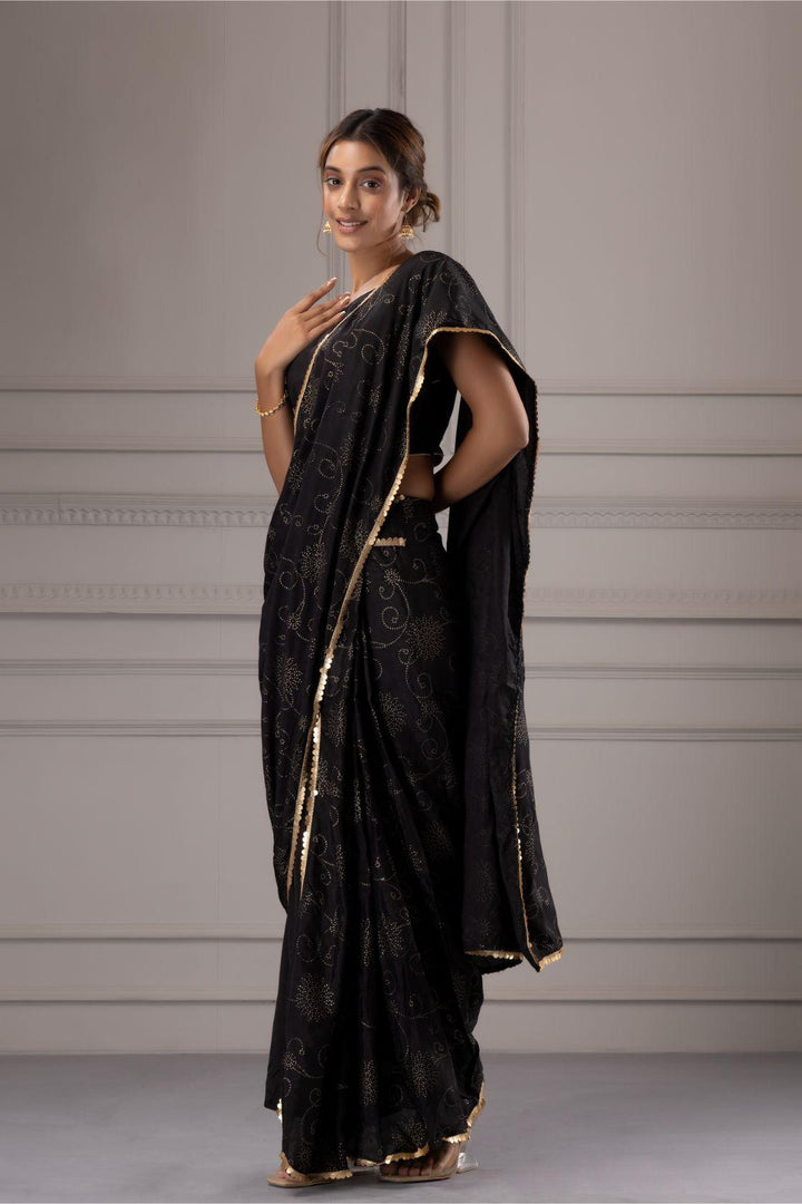 Black Gold Print Pre draped saree with Stitch blouse - Geroo Jaipur