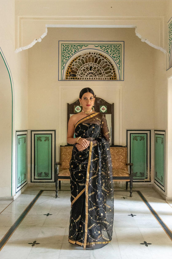 Black Gota Patti Pure Kota Silk Saree - Geroo Jaipur